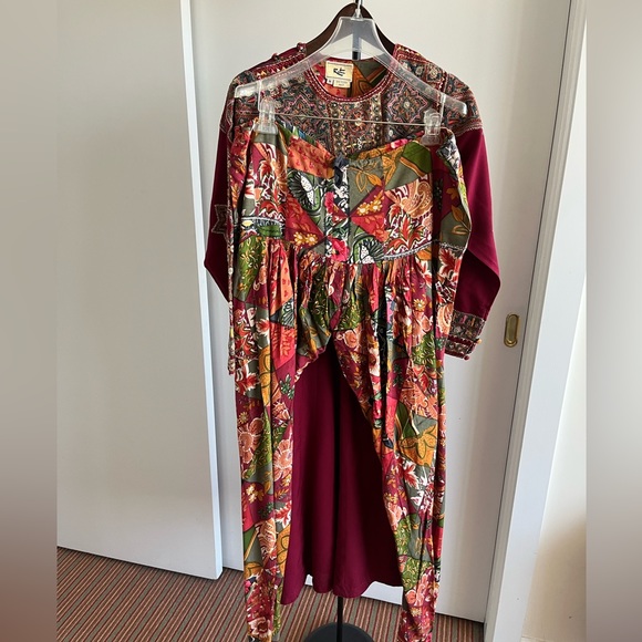 Ritu Kumar designer dress Chooridaar pant Anarkali  set burgundy M - Picture 2 of 9